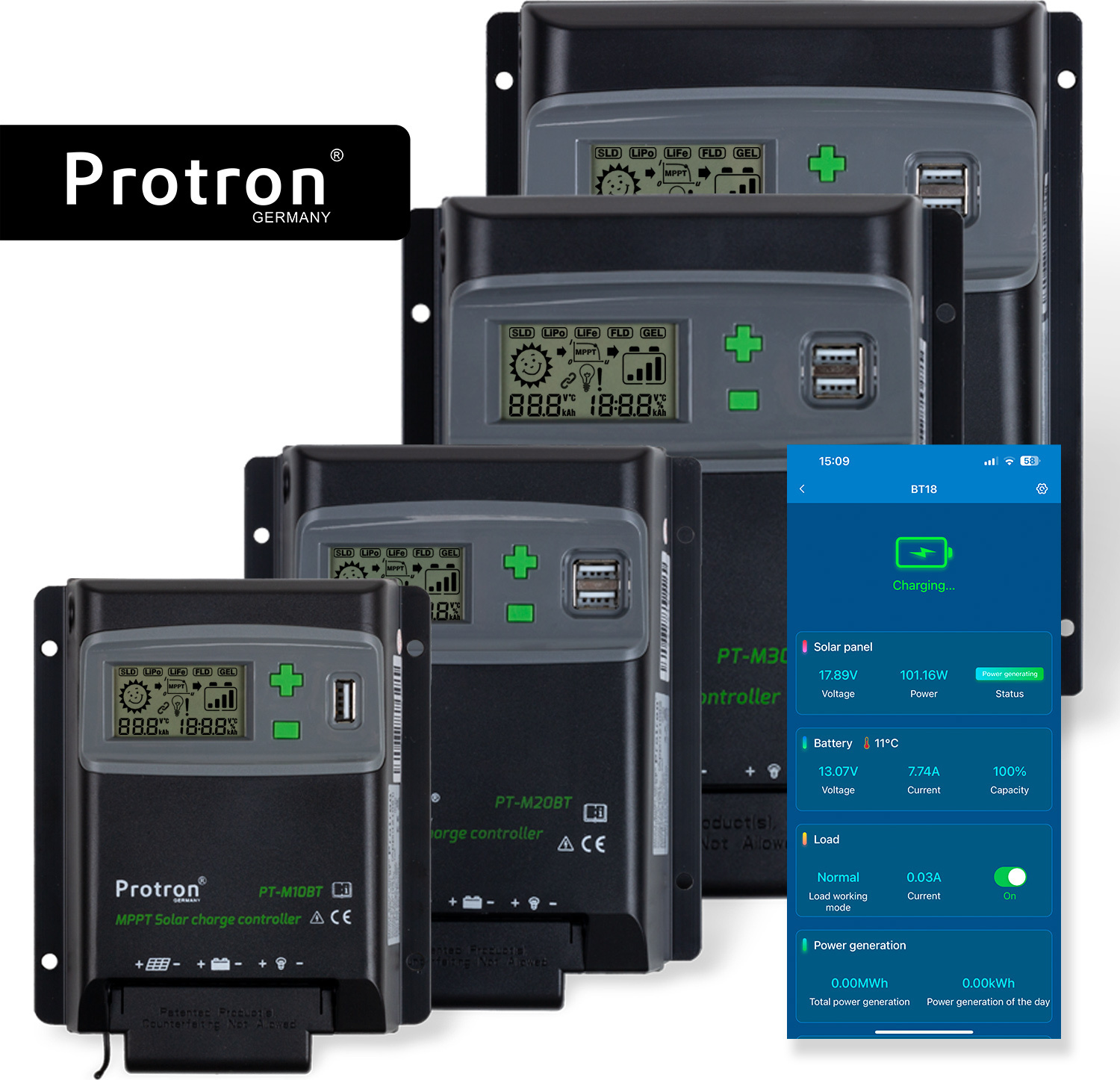 Protron PT-Serie - MPPT Solar Laderegler 10A, 20A, 30A, 40A für Solarpanel 12V / 24V inkl. BT und APP, Typ:PT-M40BT, MwSt.-Ermäßigung:Nein - 19% MwSt. 121094