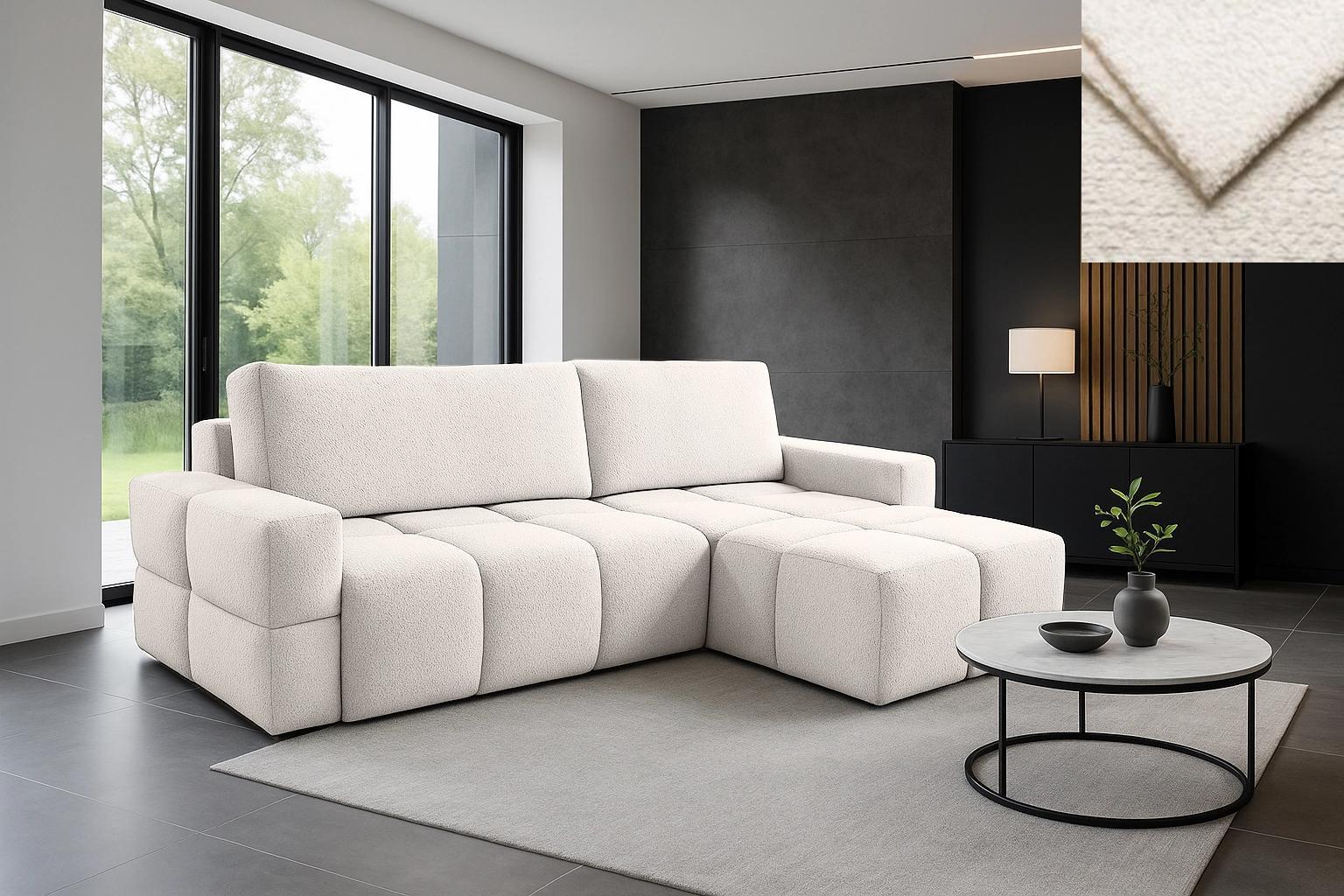 Ecksofa Carini Nordelo mit Schlaffunktion, Bettkasten, Stoff ARENA 01 Creme Bouclé, universal L/R, 165×255×90 cm, Liegefläche 150×210 cm ECKC-CARI-ARN-1