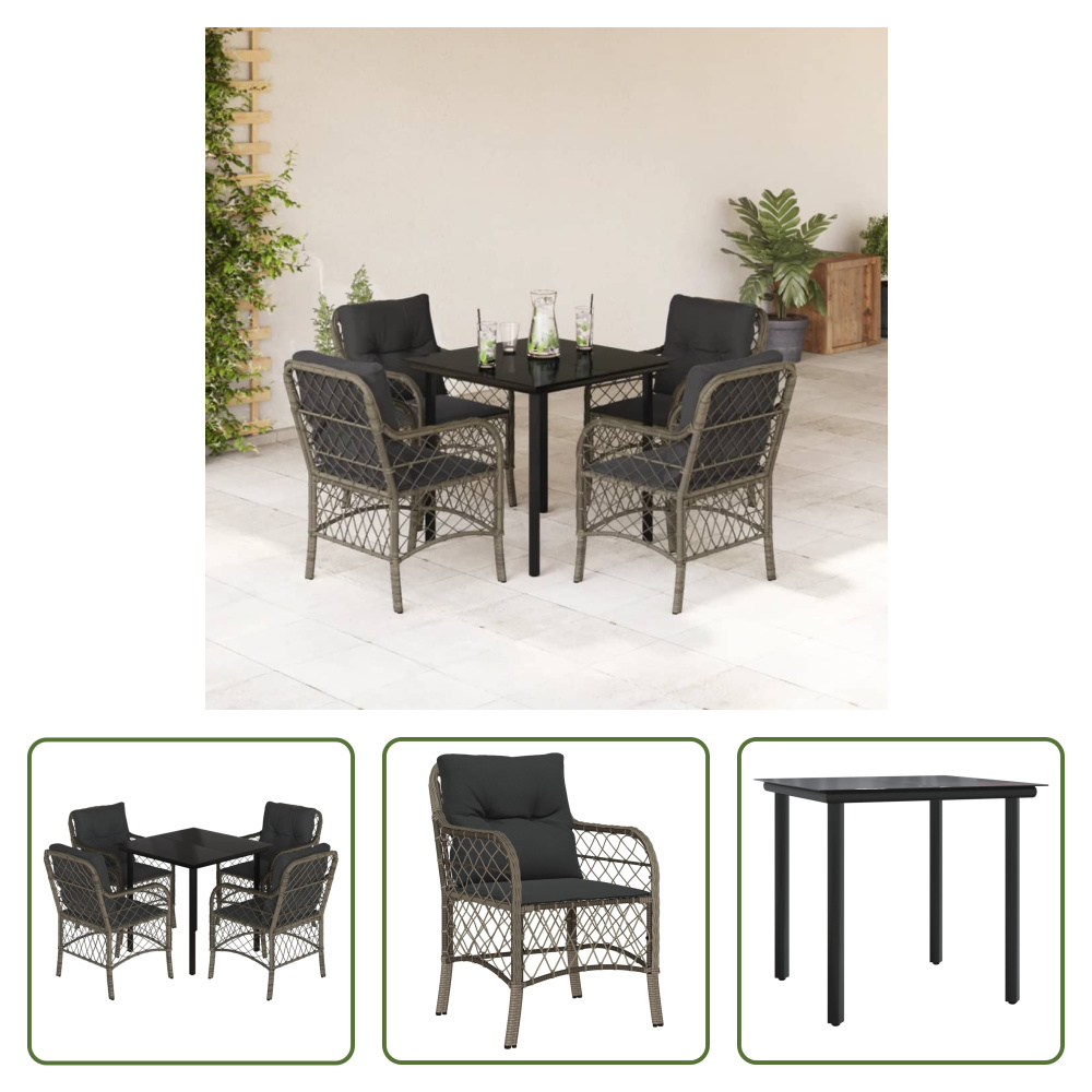 The Living Store 5-dielny záhradný jedálenský set s vankúšmi sivý polyratan