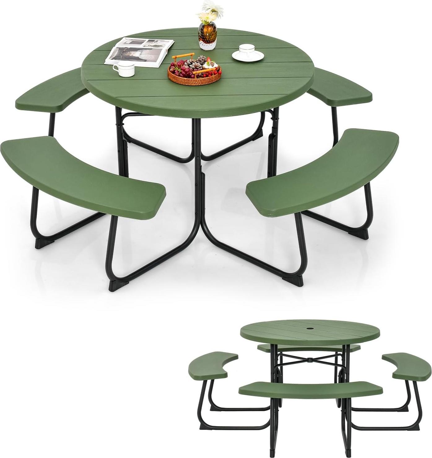 KOMFOTTEU set pivného stanu pre 8 osôb, okrúhly piknikový stôl s otvorom na slnečník a 4 lavice, set záhradného nábytku z HDPE a kovu, záhradná súprava sedenia na kempovanie na terase (zelená)