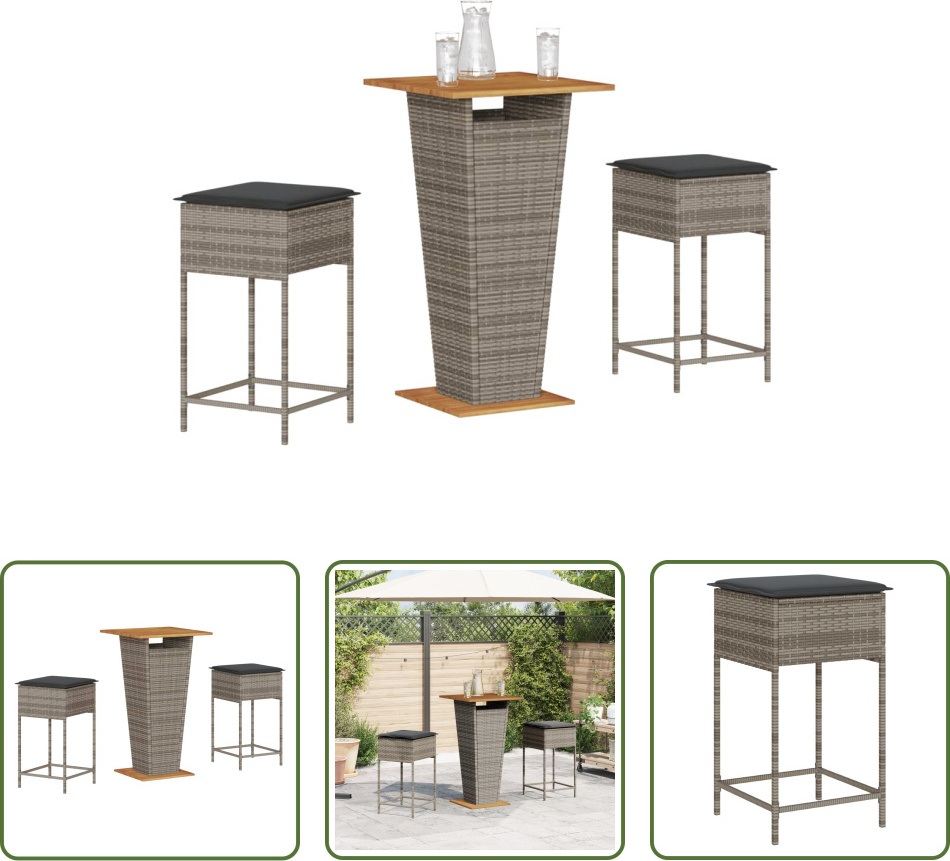 The Living Store 3-dielny záhradný barový set s vankúšmi sivý polyratan