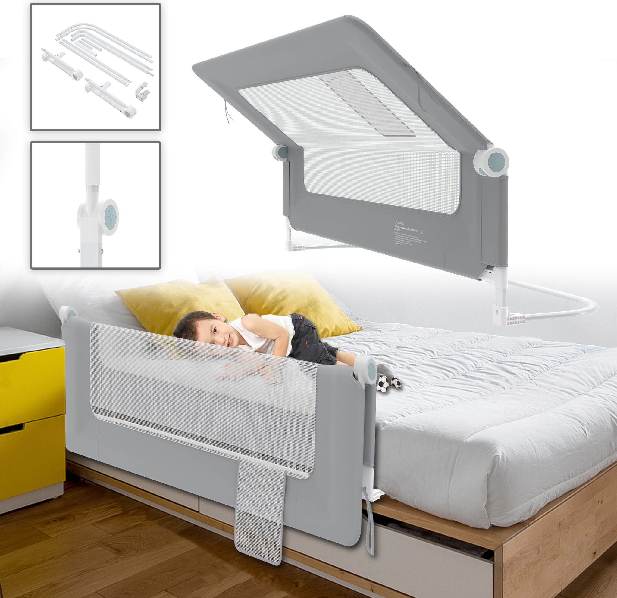 LARS360 Griglia Di Sicurezza Per Letto 200 Cm - Sponda Protettiva Regolabile In Altezza, Anticaduta Per Letti Bambini E Neonati, Con Tasca Portaoggetti, Grigia - 6