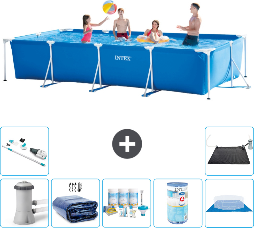 Bazén Intex s obdĺžnikovým rámom - 450 x 220 x 84 cm - modrý - vrátane čerpadla - markízy - balíka na údržbu - filtra - krycej plachty - vysávača - solárnej podložky
