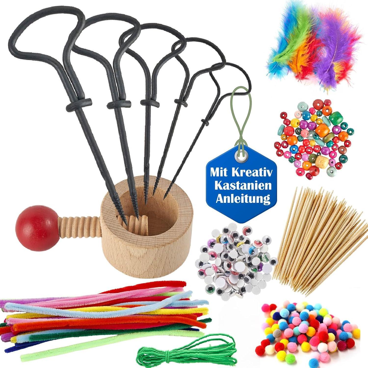 Zimtky Kastanienbohrer Bastelset mit kastanienhalter, 288 tlg Kastanienmännchen DIY Set für Kinder, Handbohrer zum Basteln mit Kastanien, Herbst Kastanien Bastelset Z20251113F2