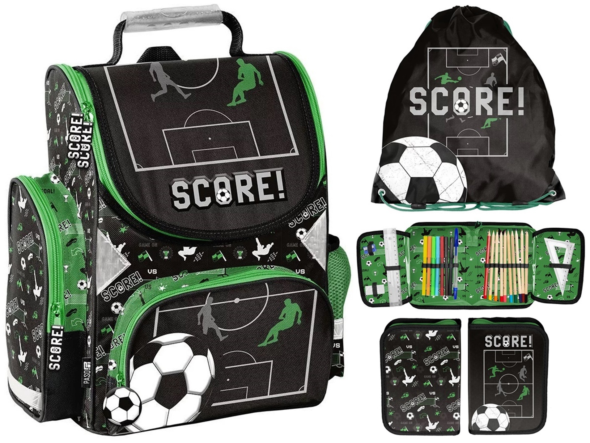 taschen-rucksack24 Schulranzen Set 3 teilig Tornister Jungen Grün Schwarz Fußball
