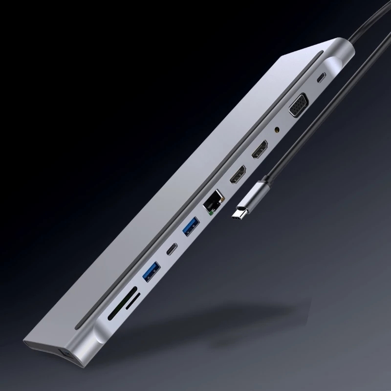 Rozbočovač USB-C 12 v 1 Dokovacia stanica Multiport-Doc 3x USB 2x HDMI Type-C PD + vysokorýchlostný USB-C RJ45 Vysokorýchlostný Ethernet VGA DC 3,5 Audio