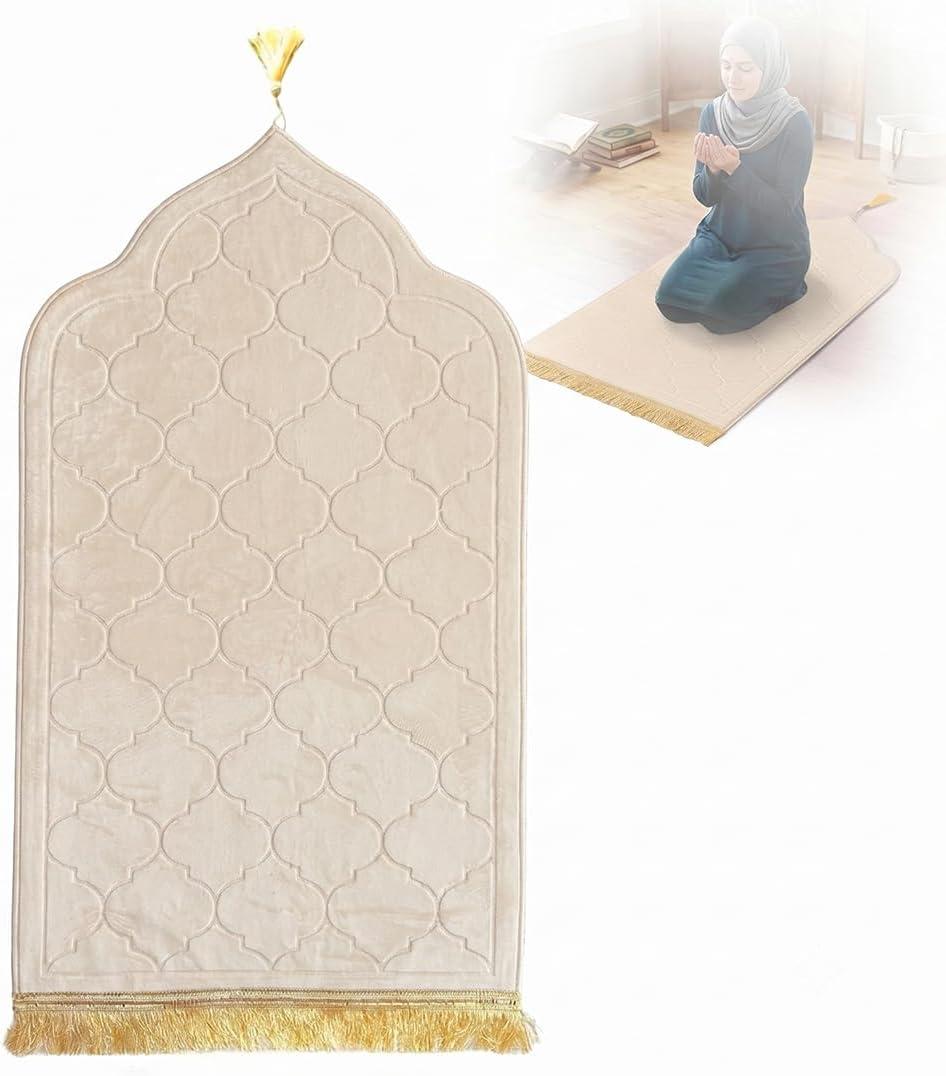 RANJIMA Gepolsterter islamischer Gebetsteppich aus Flanell, weicher muslimischer Gebetsteppich mit Geschenkset für Eid und Ramadan, faltbarer Gebetsteppich in Beige