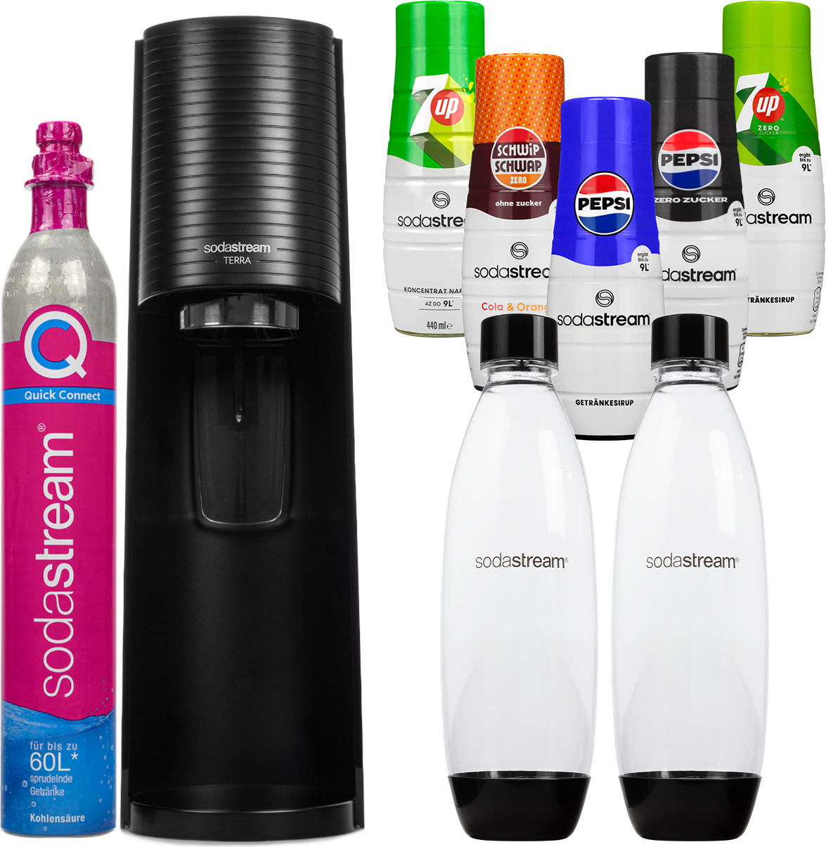 Výrobník perlivej vody Sodastream Terra Black s 2 fľašami 5 sirupov CO2 fľaša