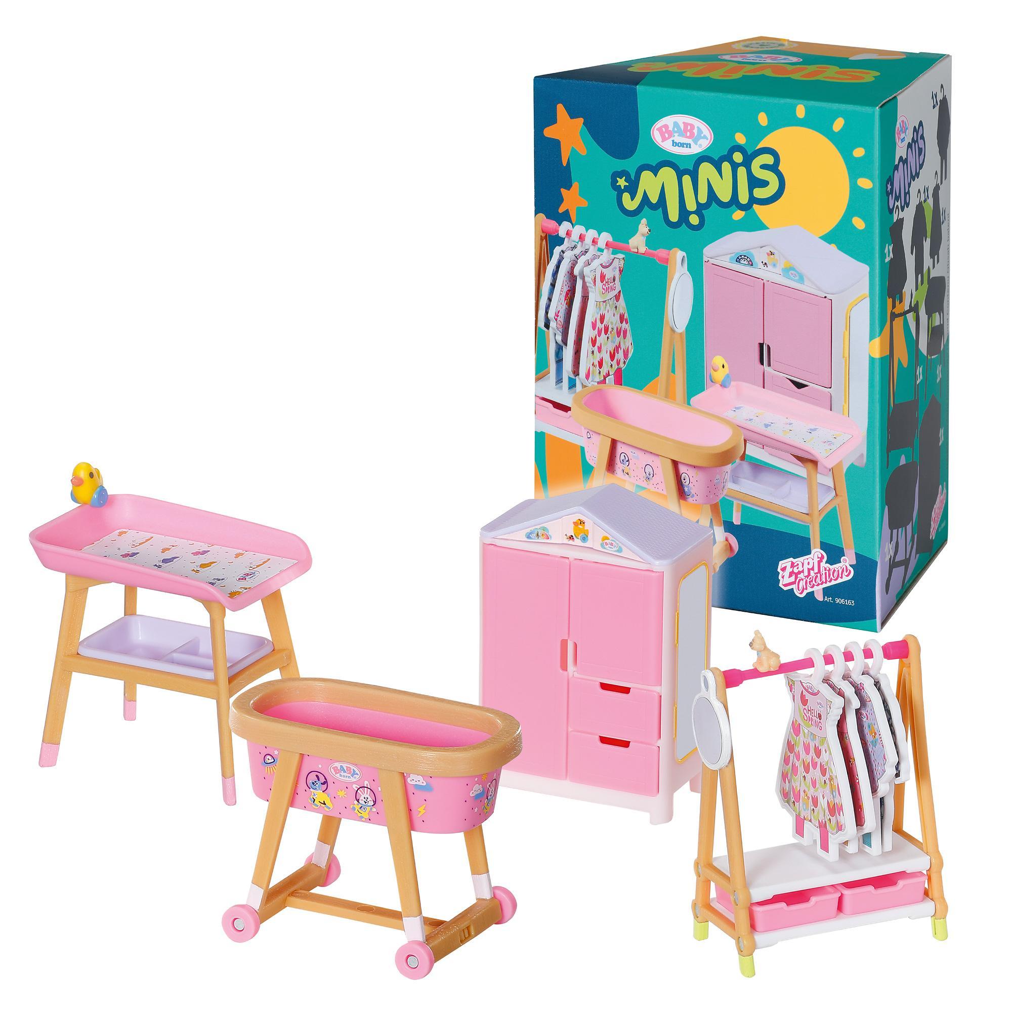 BABY born Minis - Playset Furniture, Kleiderschrank, Kleiderstange, Stubenwagen 906163