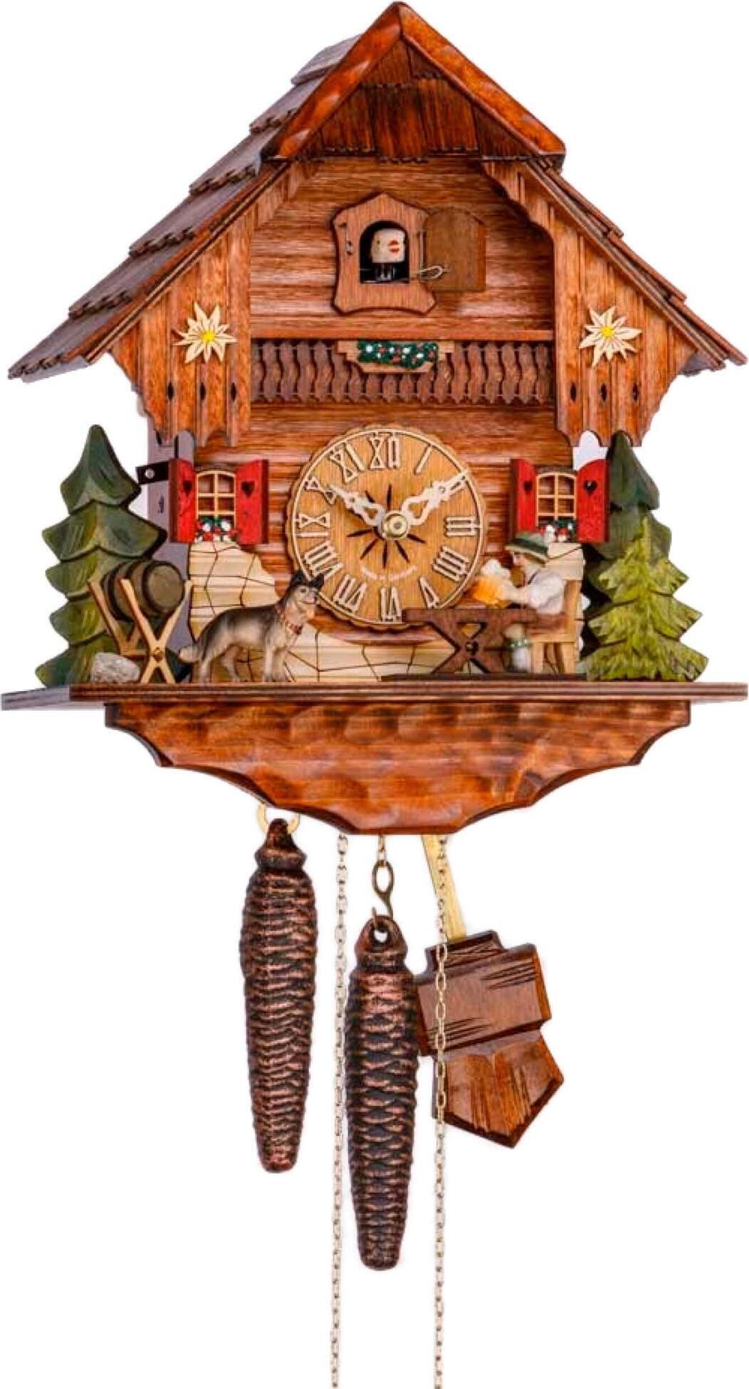 Cuco Clock Kuckucksuhr Schwarzwalduhr "Biertrinker mit Hund" 17 x 23 x 26cm Wanduhr aus Holz, 1 - Tage Werk, manuelle Nachtabschaltung 42513459047820
