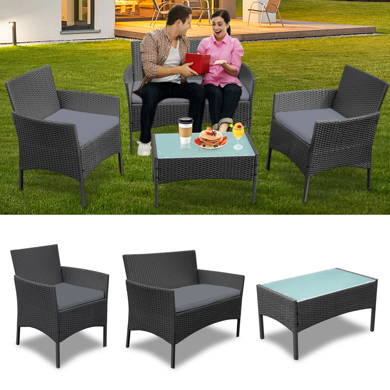 LZQ Záhradný set Záhradný nábytok Poly ratanový balkónový nábytok Sedacia súprava Lounge Group vrátane 1 lavice + 2 stoličiek + 1 stola so sklenenou doskou pre záhradu