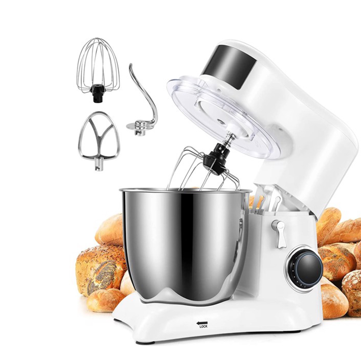 Küchenmaschine mit 5,5-Liter-Edelstahlschüssel 10 Geschwindigkeitsstufen 1300 W Knetmaschine Teigmaschine Rührmaschine Weiß