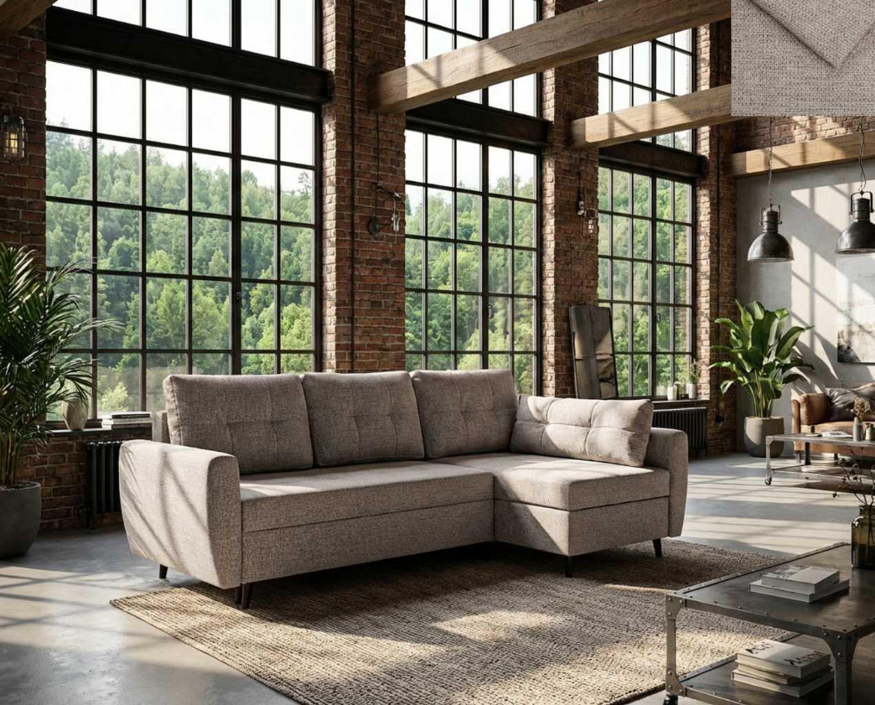 Ecksofa SINDIA Nordelo mit Schlaffunktion und Bettkasten Universal L/R 246 cm Stoff GLOW 4 HELLBRAUN ECKC-SIND-GLOW-4