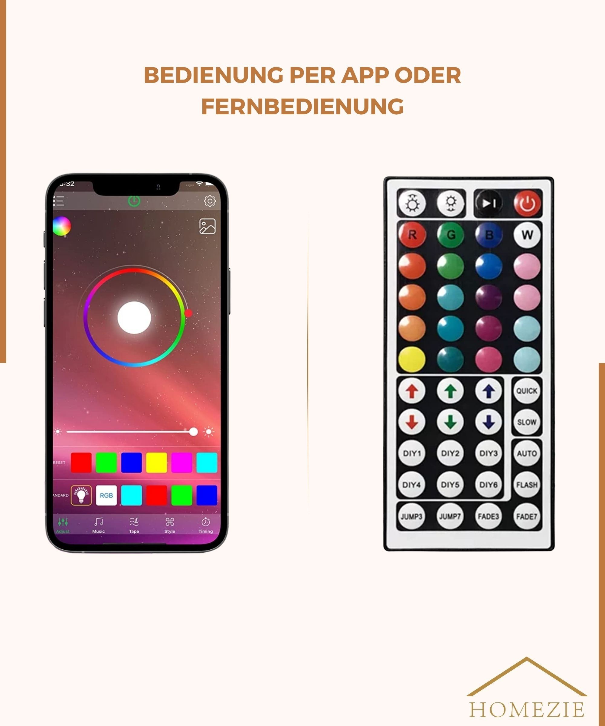 Homezie Led-Streifen | 40 Meter | Mit App und Fernbedienung | RGB | Selbstklebend | 30 Leds pro m | Led-Lichtstreifen | Led-Leuchten | Led-Streifen | Led-Streifen