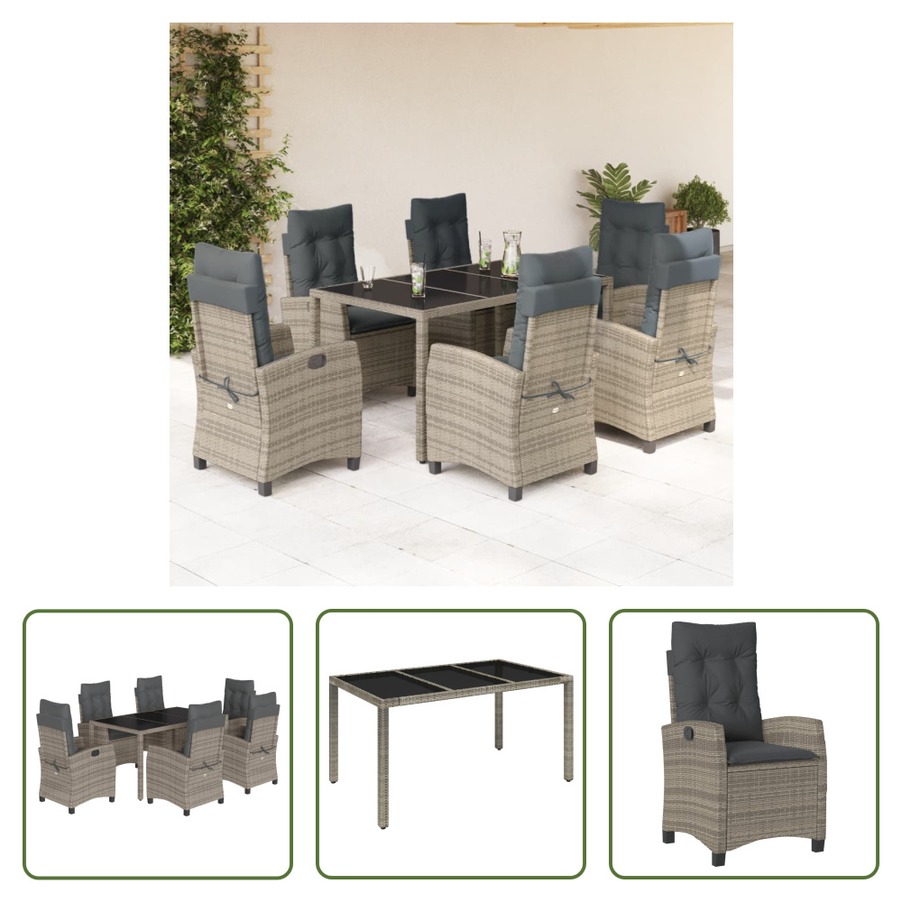 The Living Store 7-dielny záhradný jedálenský set s vankúšmi sivý polyratan