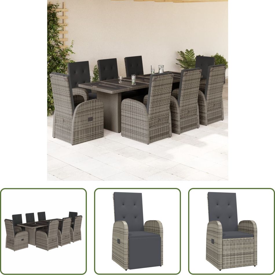 The Living Store 9-dielny záhradný jedálenský set s vankúšmi sivý polyratan