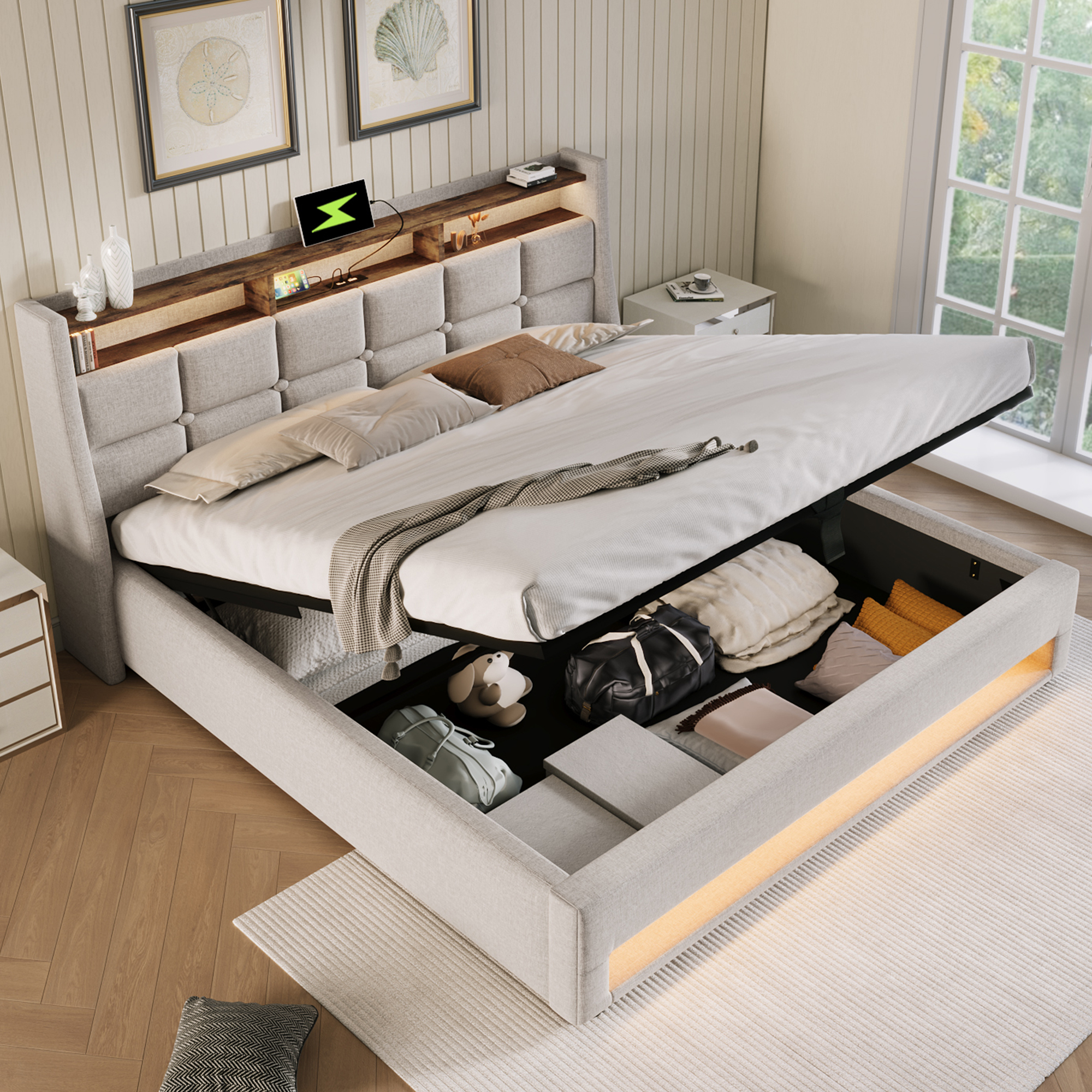 MODFU Boxspringbetten Polsterbett 160x200cm, Doppelbett Hydraulisches Bettkasten mit LED-Erleuchtung und USB(Ohne Matratze),Beige