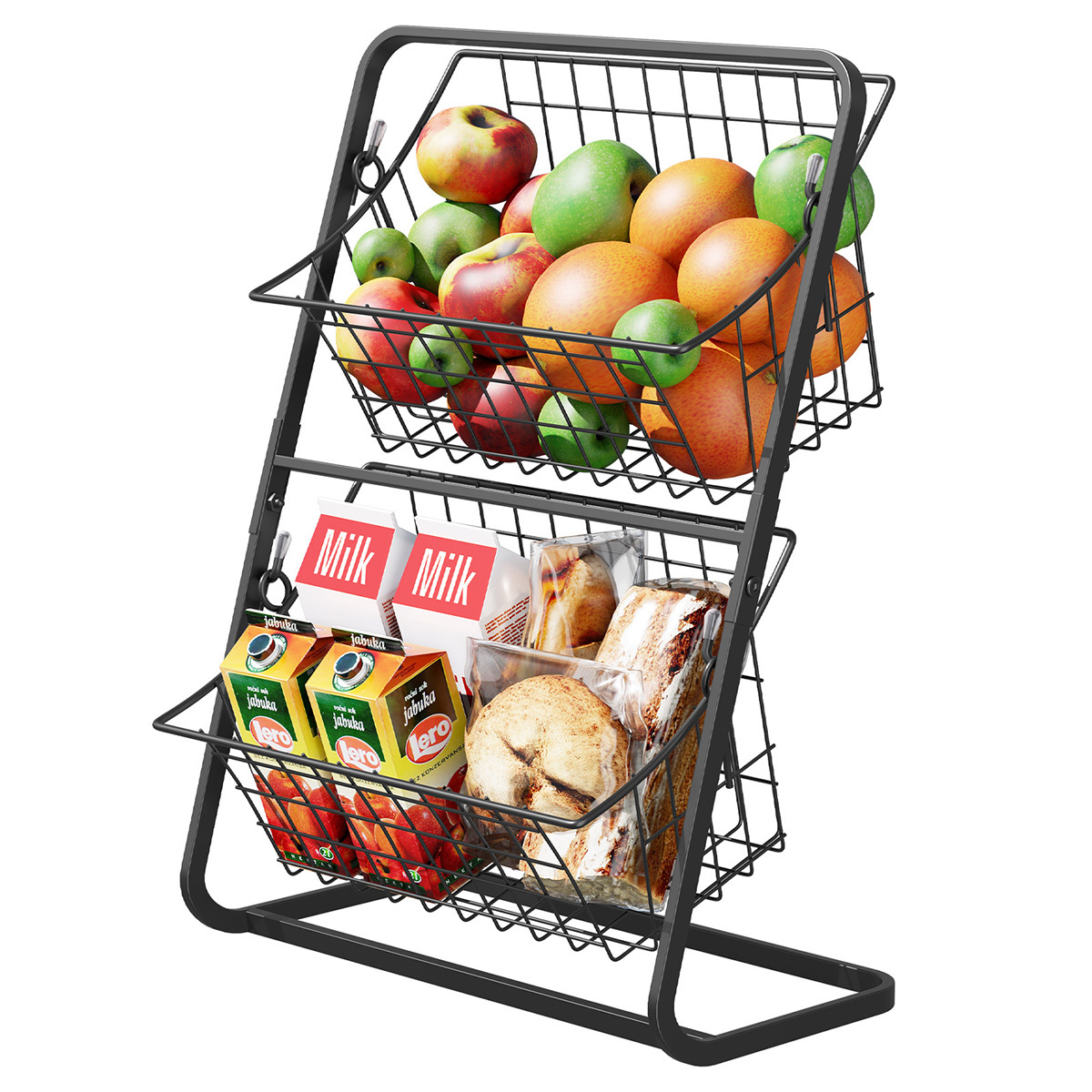 Welikera 2-stöckiger Obstkorb für Küchenarbeitsplatte, Brotkorb und Gemüseaufbewahrung, Draht-Hängkorb für Küchenorganisation, 28*15*37cm, Schwarz KAUF-INTT-KF1168-B-4