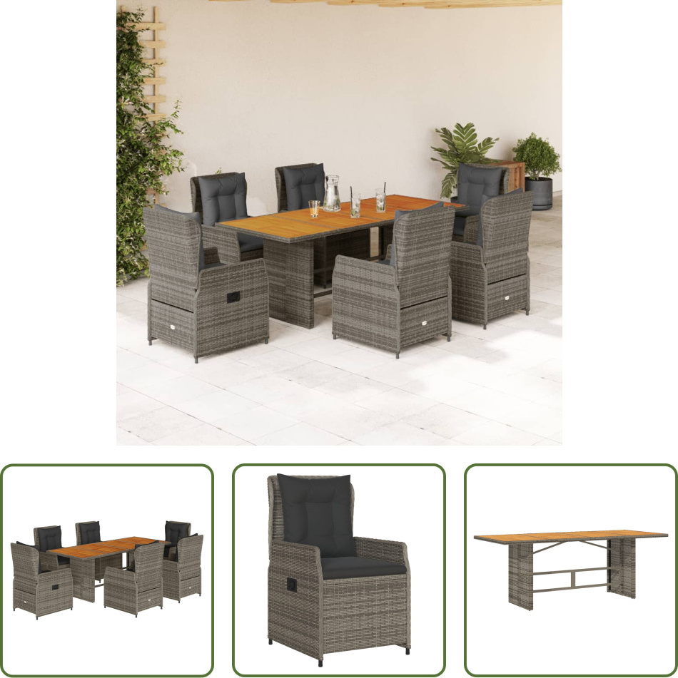 The Living Store 7-dielny záhradný jedálenský set s vankúšmi sivý polyratan