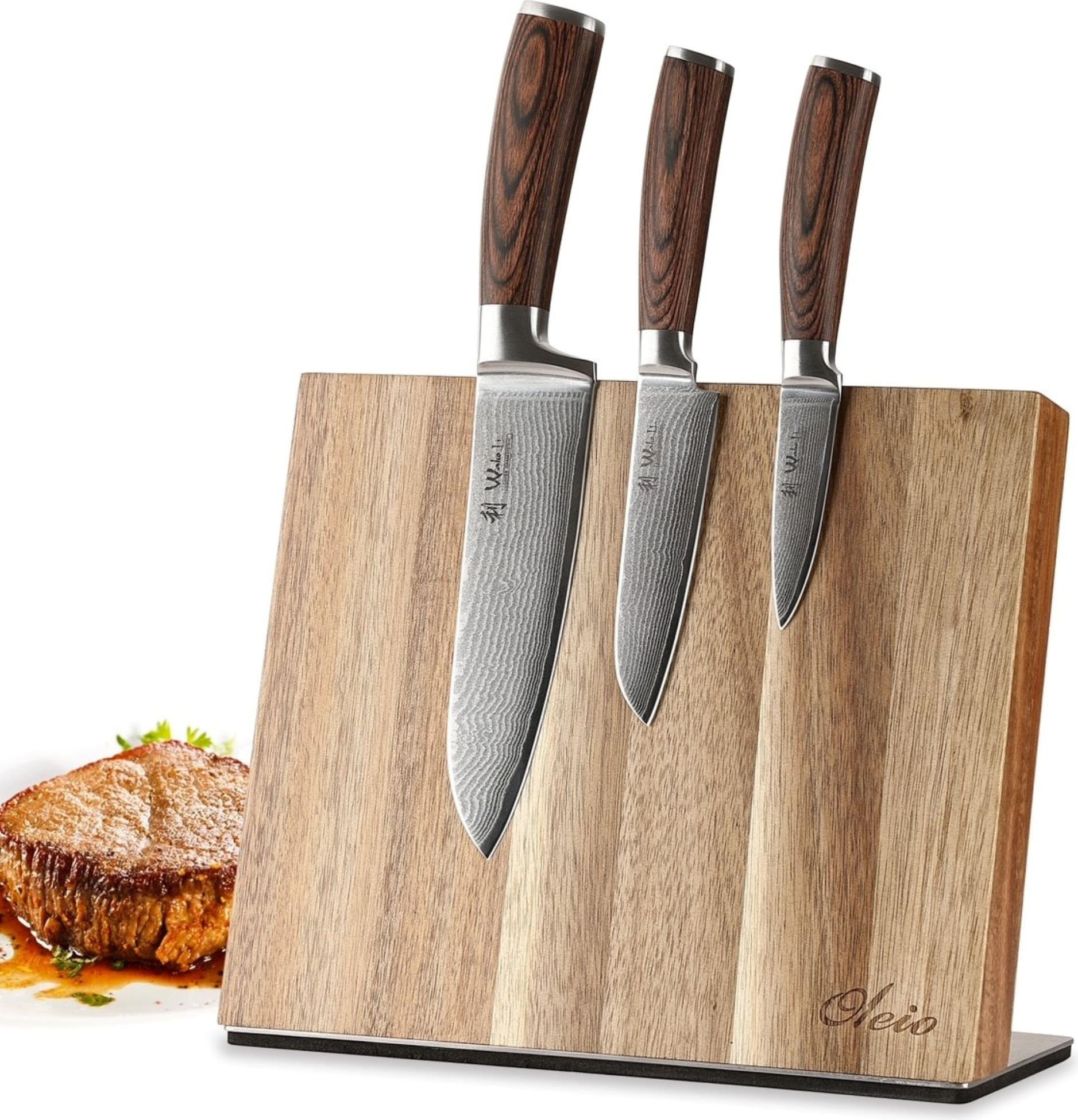Wakoli EDIB 3er Damastmesserset I Holzbox I 8 - 17cm Klinge I mit Messerblock