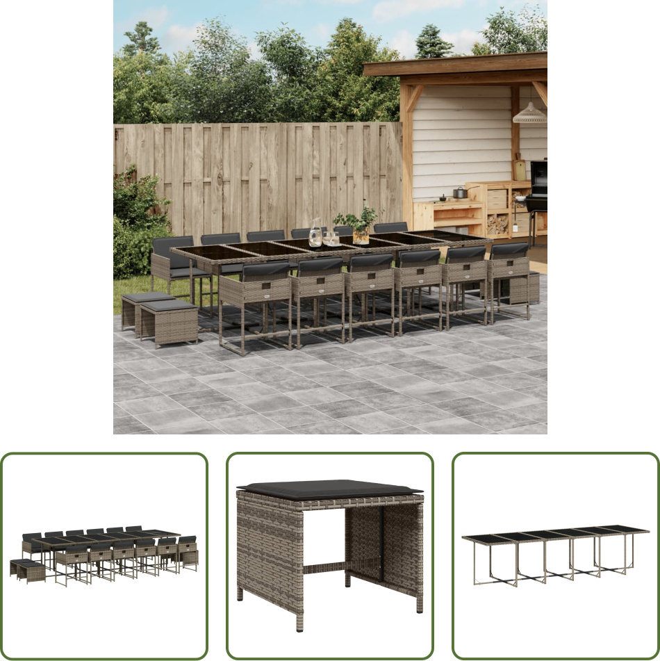The Living Store 17-dielny záhradný jedálenský set s vankúšmi sivý polyratan