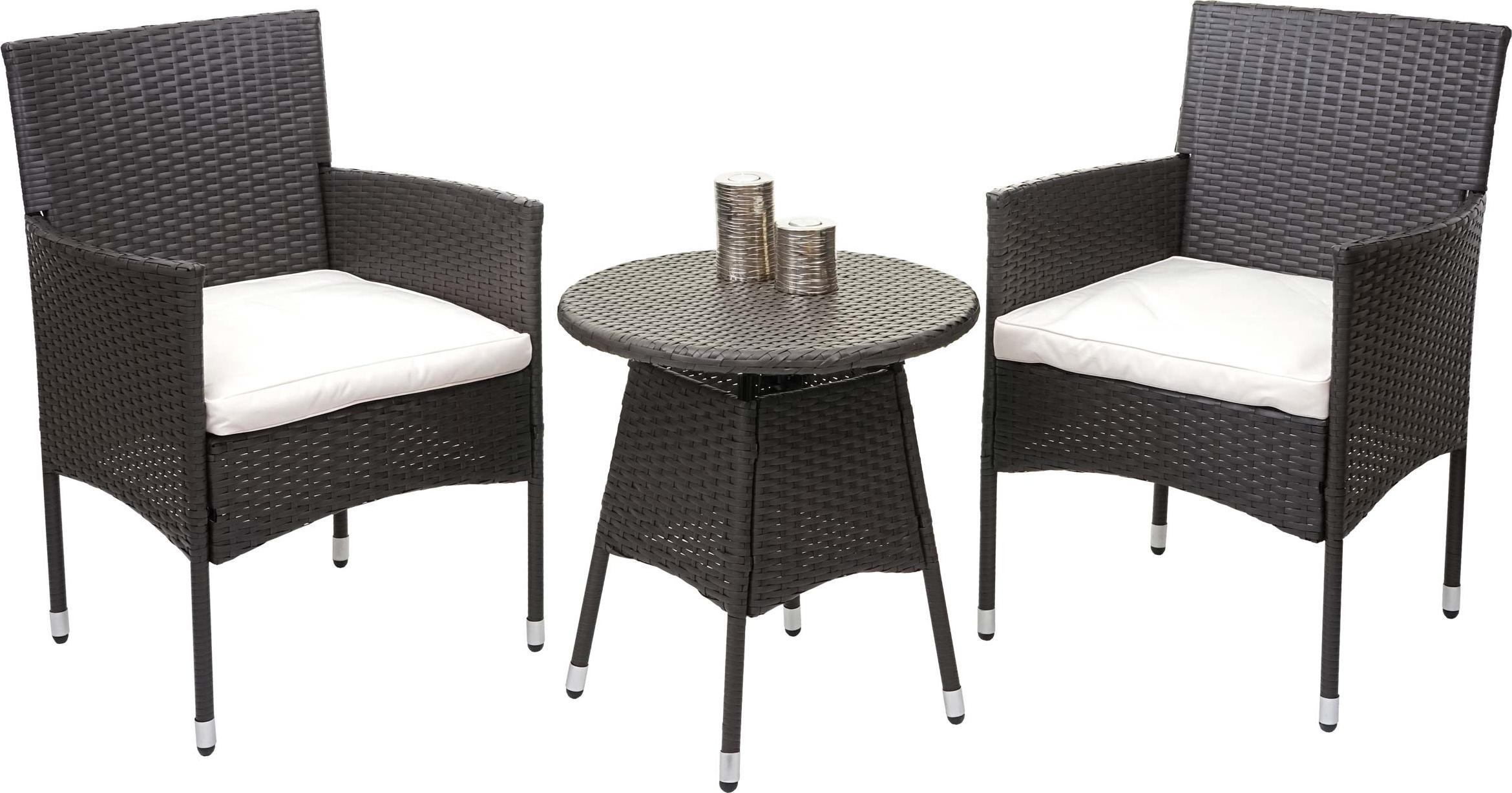 Polyratanový balkónový set HWC-G27, záhradný set, 2xkreslo+stôl ~ sivá, vankúše krémové