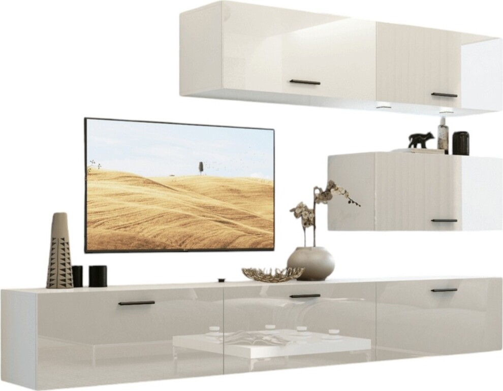 Meublorama Hängendes Wohnzimmermöbelset in Weiß, Kollektion CEPTO XXV. 249cm, 6 Möbelstücke, LED, modulierbar.