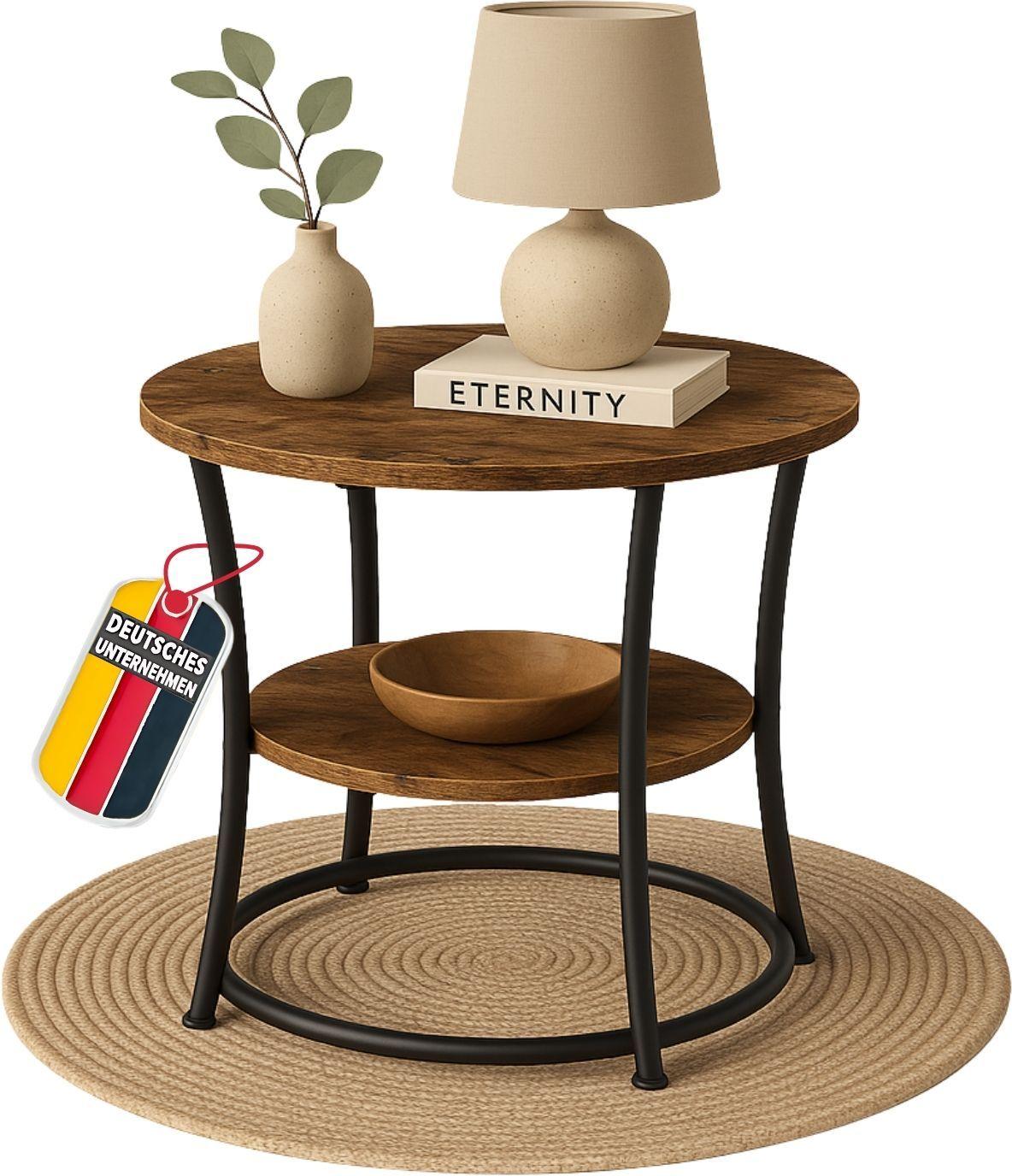 Coemo Beistelltisch Braun TAMY mit 2 Ebenen Ø 55 cm x 55 cm – Runde Form, Holzoptik & Metallrahmen – Metall Couchtisch – Schlafzimmer, Flur & Wohnzimmertisch – Coffee Table & Sofa Tisch