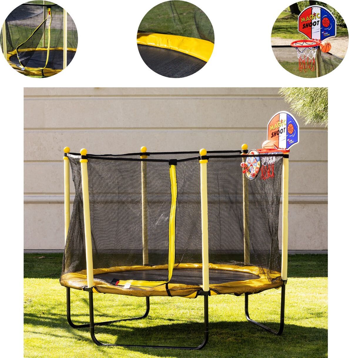 Chipolino detská trampolína Sporty 140cm basketbalový rebrík pružinový kryt žltá