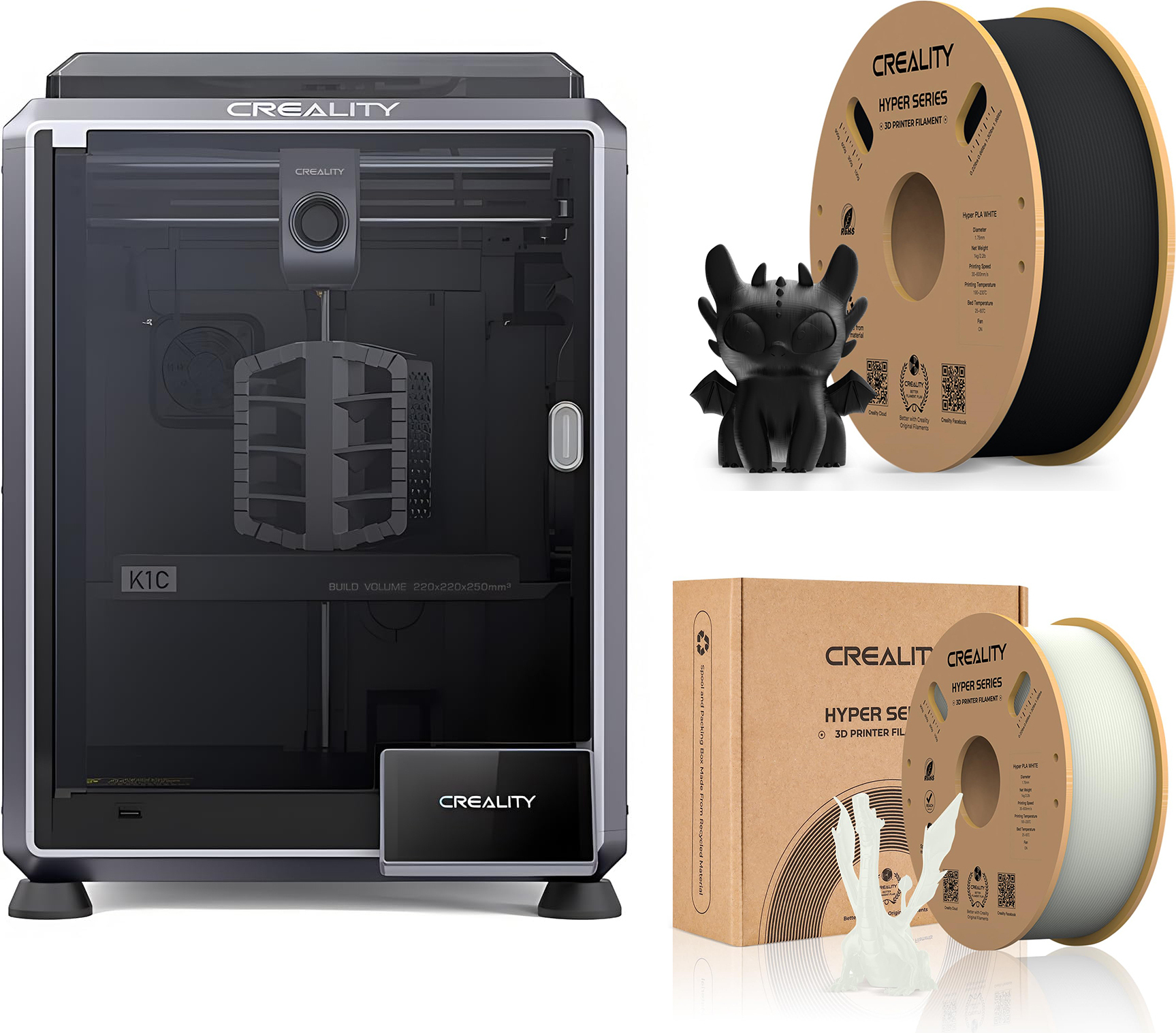 CREALITY 3D Creality K1C 3D Drucker, mit 2kg Creality Hyper PLA Filament--(Weiß+Schwarz)