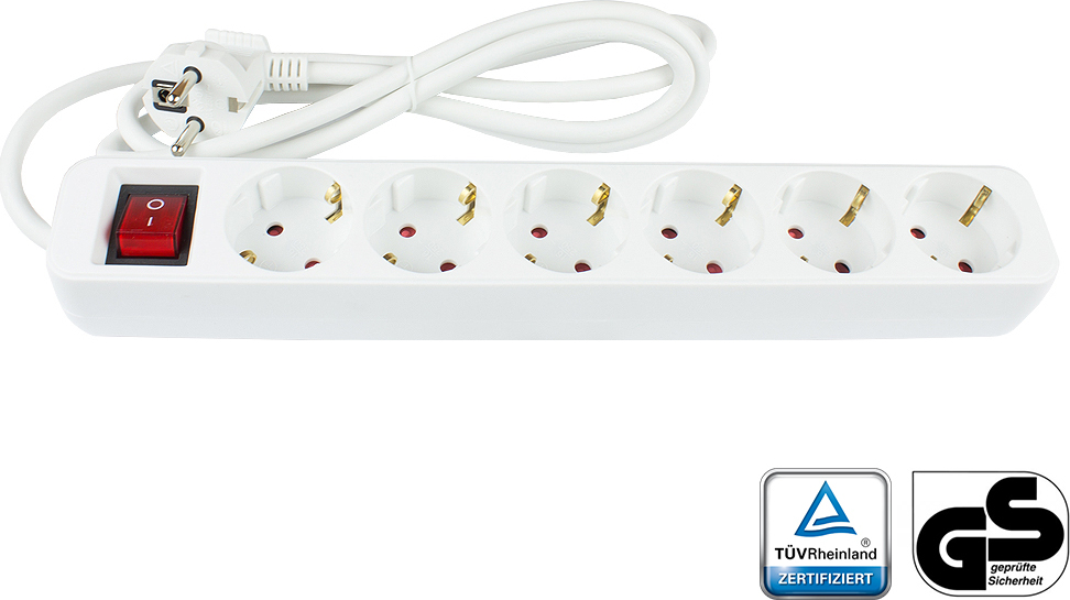 Steckdosenleiste mit Schalter, 6-fach, Schutzkontakt-Stecker an 6x Schutzkontakt-Buchse, Berührungsschutz, weiß, 1,5m, Good Connections® PS016-W015