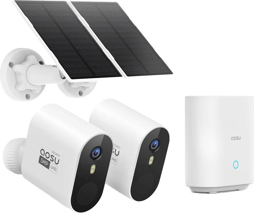 AOSU Bezdrôtový solárny bezpečnostný kamerový systém, rozlíšenie 5 MP, funkcia interkomu, farebné nočné videnie