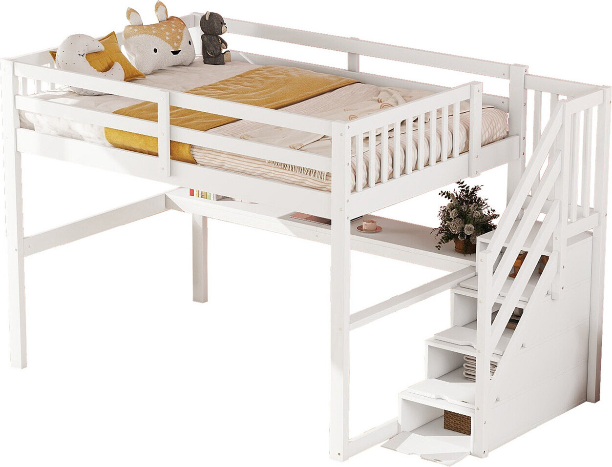 Hochbett ,140x 200 ,Kinderhochbett, mit Stauraumschubladen und Unterbettschreibtisch, Weiß