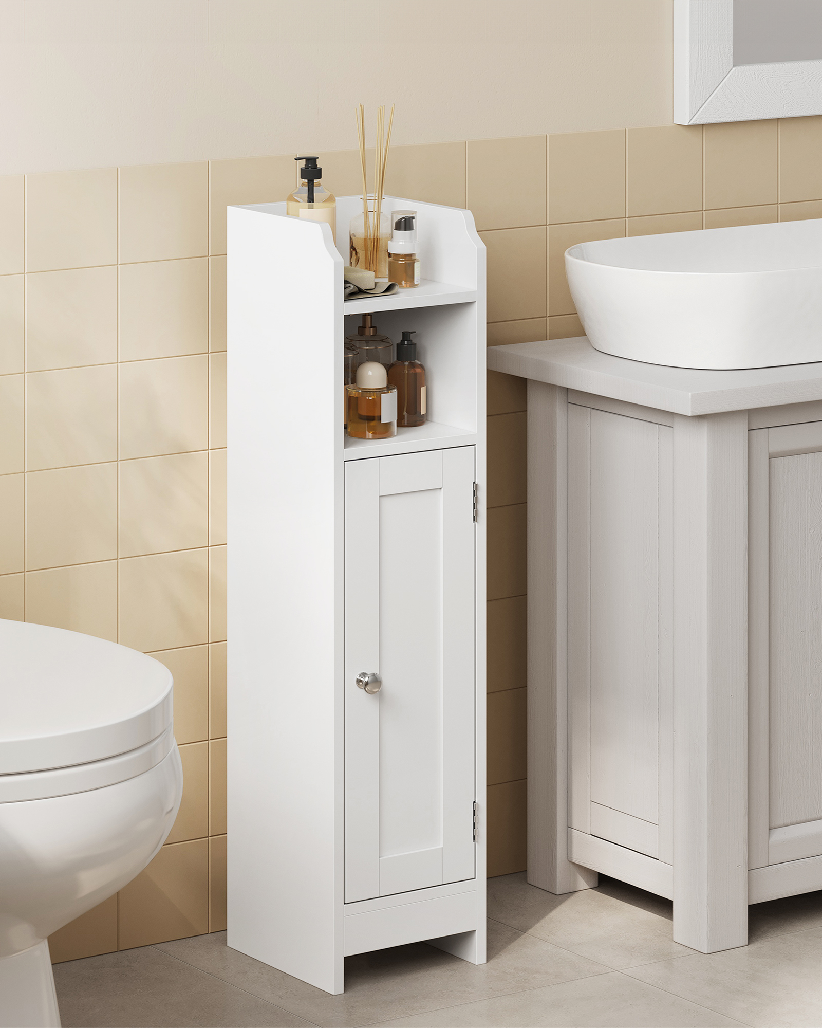 VASAGLE kleiner Badschrank schmal mit Tür und Regal