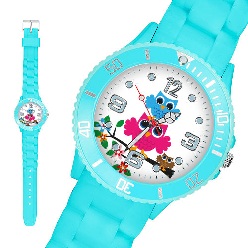 Taffstyle Kinder Armbanduhr Kinder Silikon Armbanduhr mit Eulen Motiv, Himmelblau / 39mm