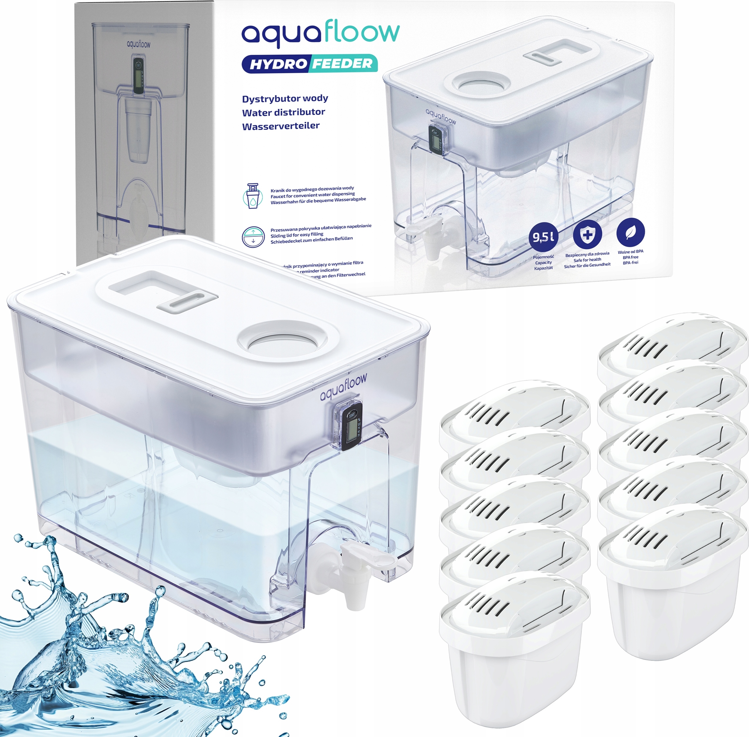 AquaFloow HydroFeeder 9,5l Wasserspender – All-in-10-Filter für AquaFloow Maxi Filter mit 10 Filterpatronen AF205_10_AF01