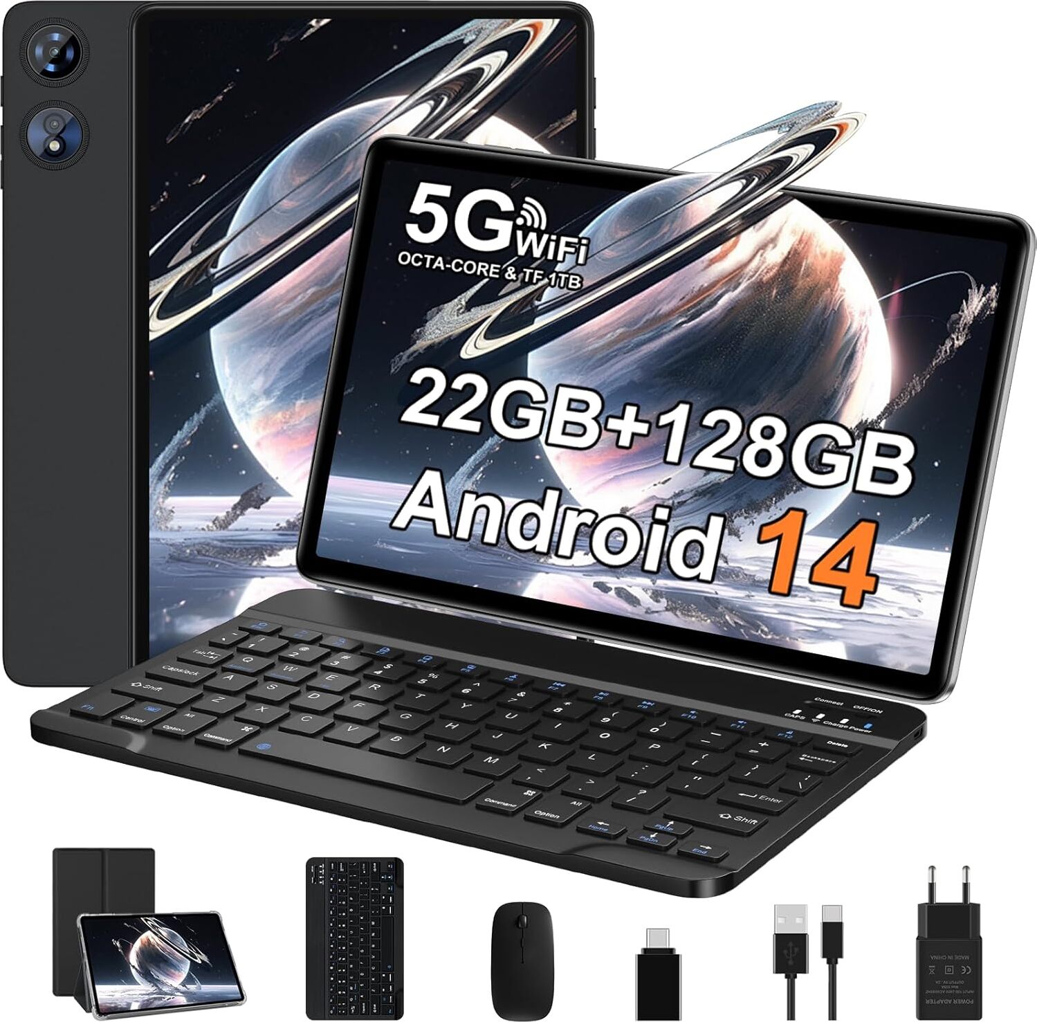 Tablet Android 14 10 palcový Octa-Core 2.0 GHz, 22GB RAM + 128GB ROM TF 1TB, 5G WiFi, Bluetooth 5.0, 8000mAh, Widevine L1, 5MP 8MP, FHD, GPS, 2 v 1