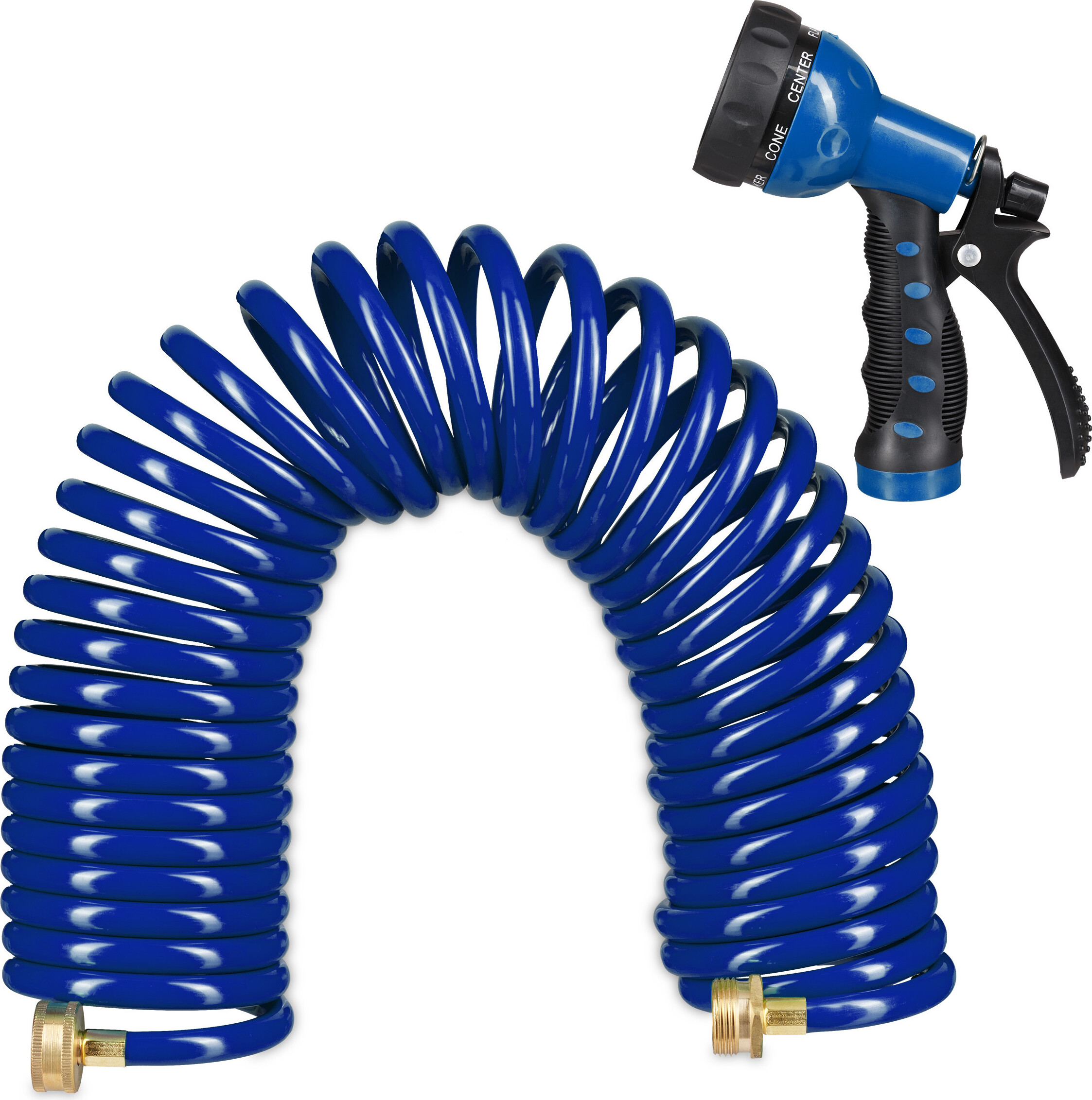 Relaxdays Spiralschlauch Wasser, bis 10 m ausziehbar, flexibler Gartenschlauch mit Wasserbrause, 7 Strahlarten, blau 10035897_0