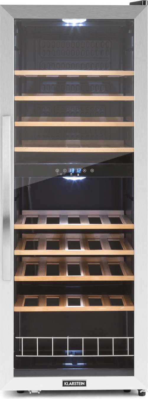 Klarstein Weinkühlschrank, 2 Zonen Getränkekühlschrank Schmal, Outdoor-Kühlschrank mit Glastür, Flaschenkühlschrank Klein mit UV-Schutz, Weinschrank für Getränke, Leiser Weinkühler 5-18°C, 54 Flaschen 35