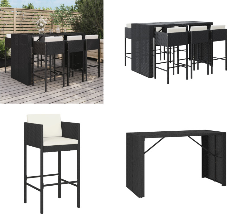 vidaXL 7 tlg. Gartenbar Set mit Kissen Schwarz Poly Rattan - Gartenbar Set - Gartenbar Sets - Garten Bar Set - Gartenbar