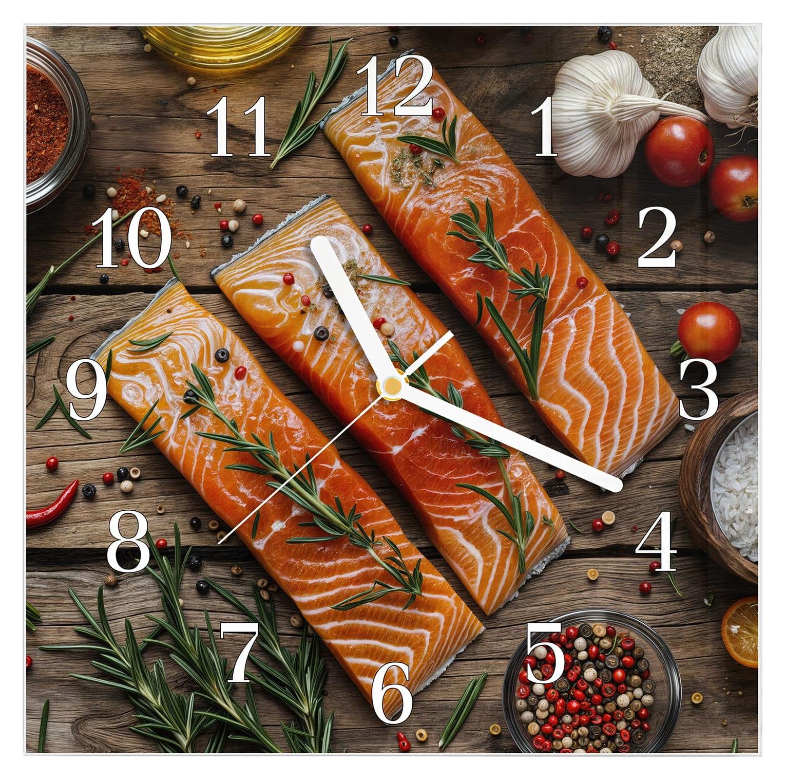 Primedeco Wanduhr aus Glas mit Motiv Lachsfilets- 30 x 30 cm - inkl. Aufhängesystem