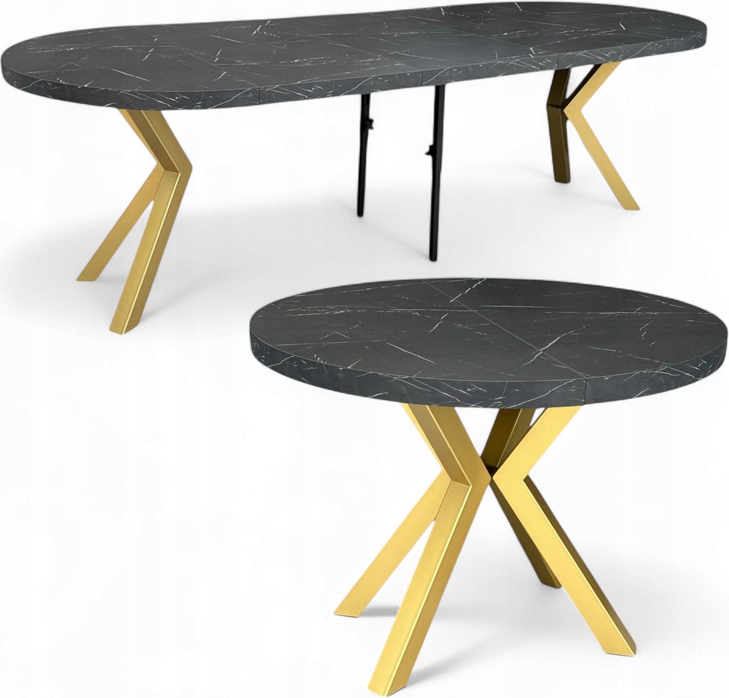 Damale-Mobel Großer runder Marmor-Esstisch Schwarz, ausziehbar (Ø110/310 cm) mit goldenen X-Metallbeinen