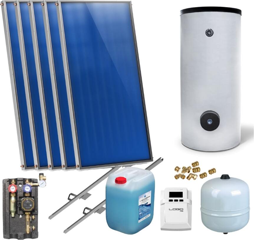 SUNEX Flachkollektoren Warmwasser Solarpaket 5 Kollektoren Speicher Flachkollektor AMP5S2500