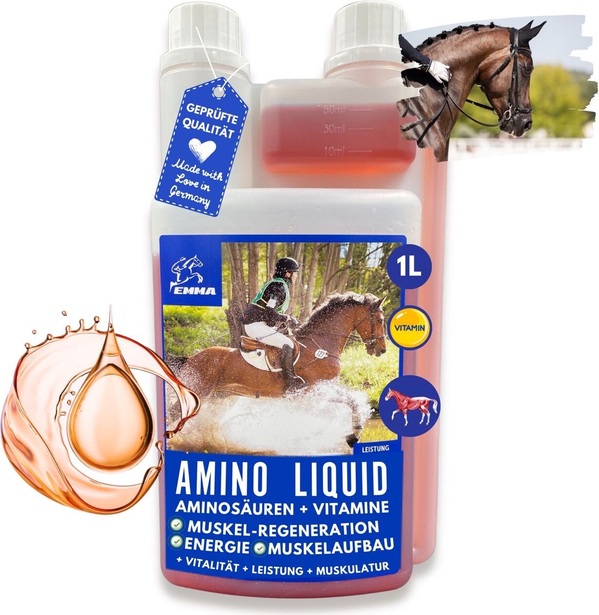 EMMA Amino Liquid I Aminosauren Vitamin B komplex I Zusatzfutter Vitamin B12 I Zink I Muskelaufbau Pferd Starkung Muskulatur I Regeneration Muskeln