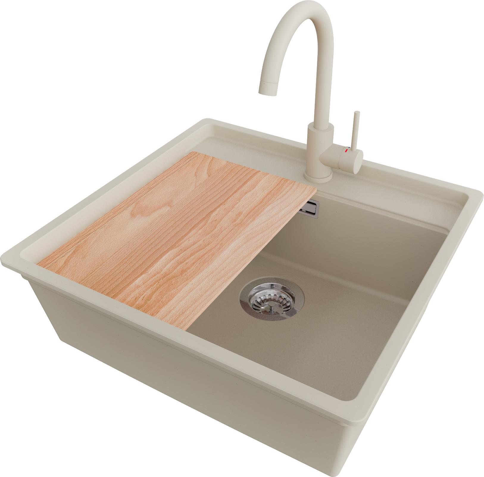 PRIMAGRAN Granitspüle Beige 56x53cm, Spülbecken 1 Becken + Küchenarmatur 32x20cm + Ablauf-Set + Schneidebrett, Küchenspüle ab 60er Unterschrank - Bergen