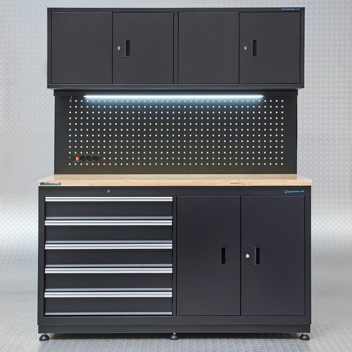 Datona Werkbank 160 cm mit Oberschränken und Lochwand