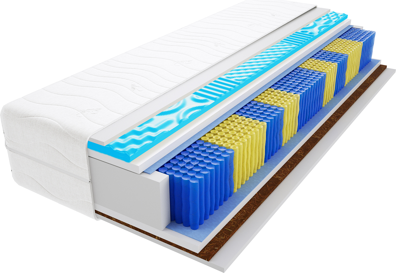 Godre Matratze 65x215 cm Doppelmatratze, H3 & H4 Federkernmatratze, Taschenfederkernmatratze 20 cm Hoch Kokosfaser Profilierter Visco Memory Hypoallergene, HR-Schaum, Wendematratze mit Klimafaser, Gesteppter Bezug Romeo Multitaschen Visco Molet 348457