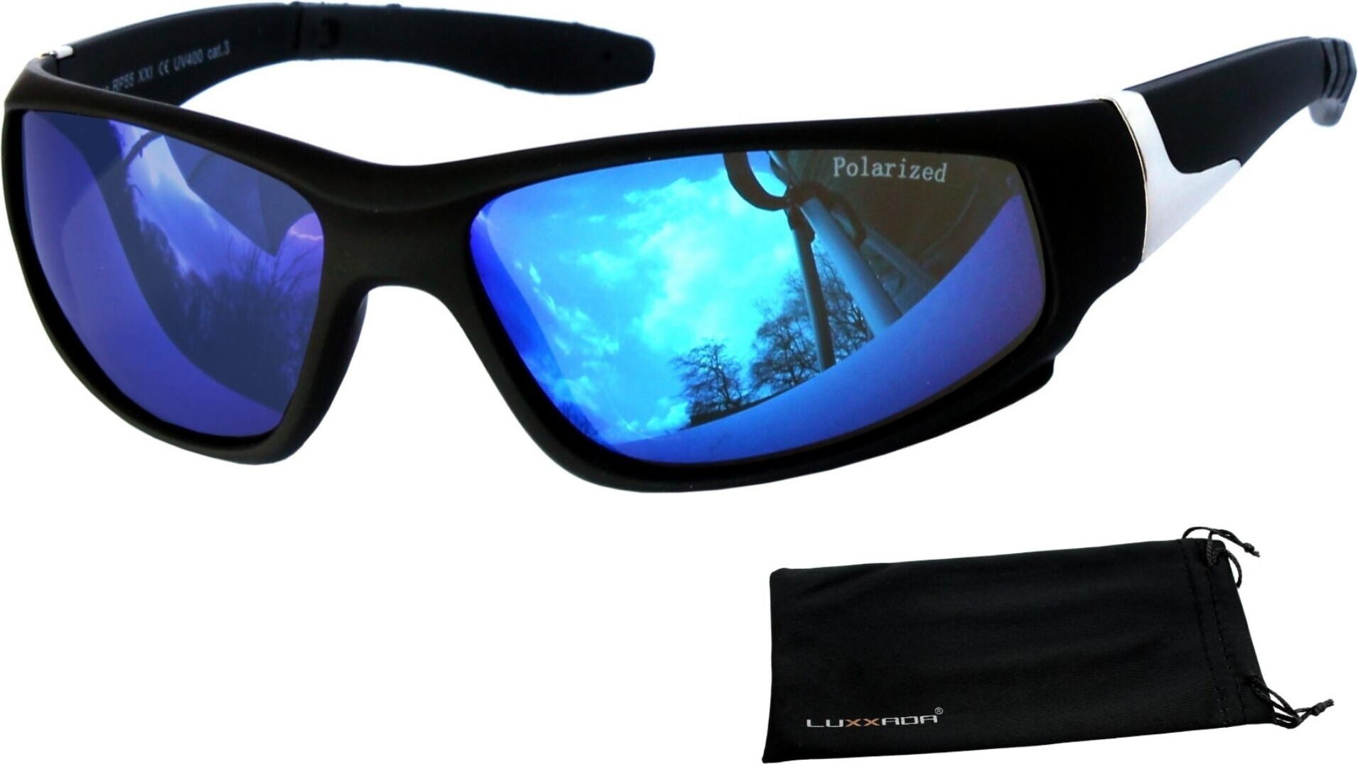 Sport Sonnenbrille Schwarz Matt Polarisiert Blau Verspiegelt Radbrille Angelbrille Markenbrille Rennec ® Wrap Around RP550P-SW-Dunkel-Blau