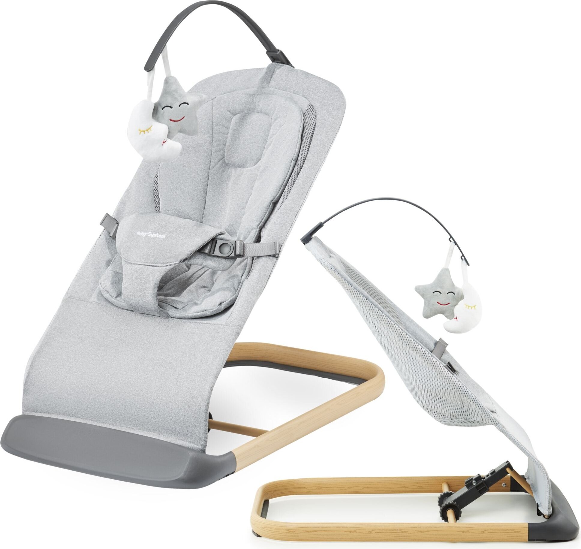 Moby-System Verstellbare Babywippe mit Spielbogen – Leinenstoff - grau
