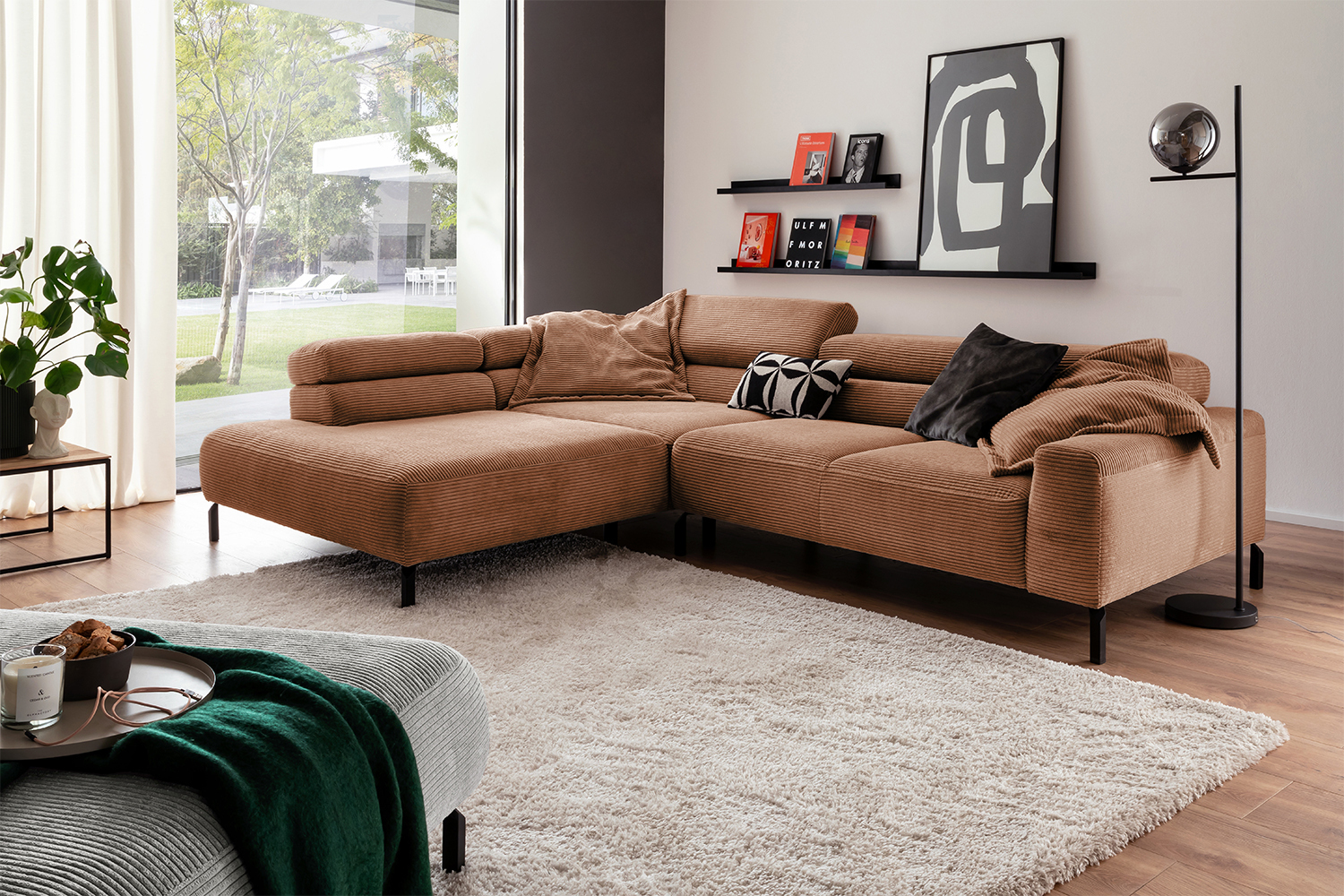KAWOLA Sofa DELIA Ecksofa Cord rost mit motorischem Sitzvorzug Recamiere links